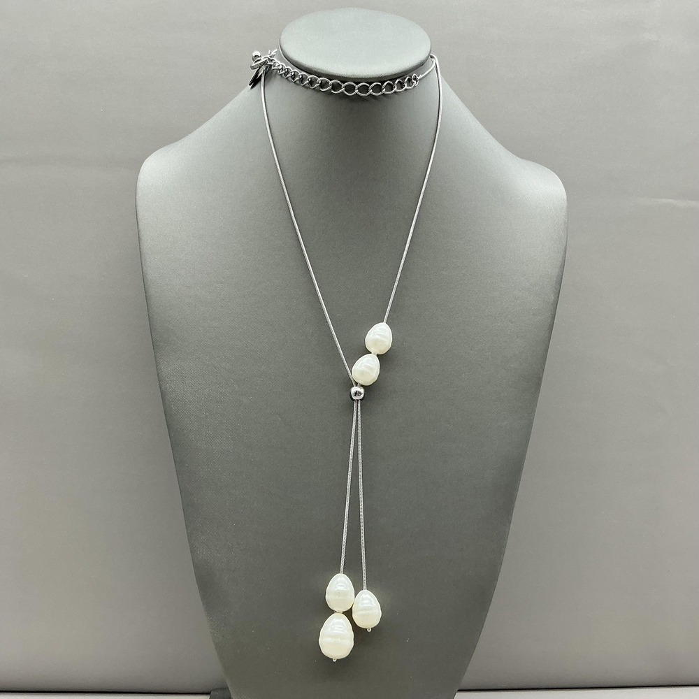 Chicos Necklace Silver Tone White Imitation Pearl Lariat Y-Drop Womens Jewelry